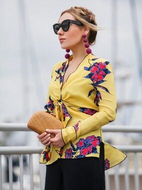 Proenza Schouler Yellow Silk Floral Tie Front Blouse Resort Top , Size 4